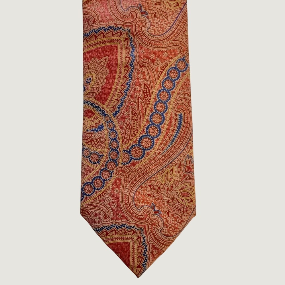 100% Silk Men's Paul Fredrick Orange, Apricot, Blue & Gold Paisley Brocade Tie - Picture 2 of 7